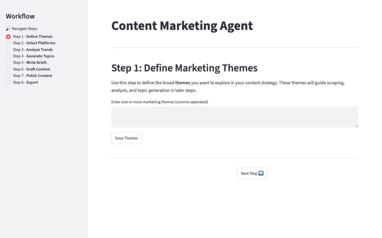 Screenshot of the Content Marketing Agent app