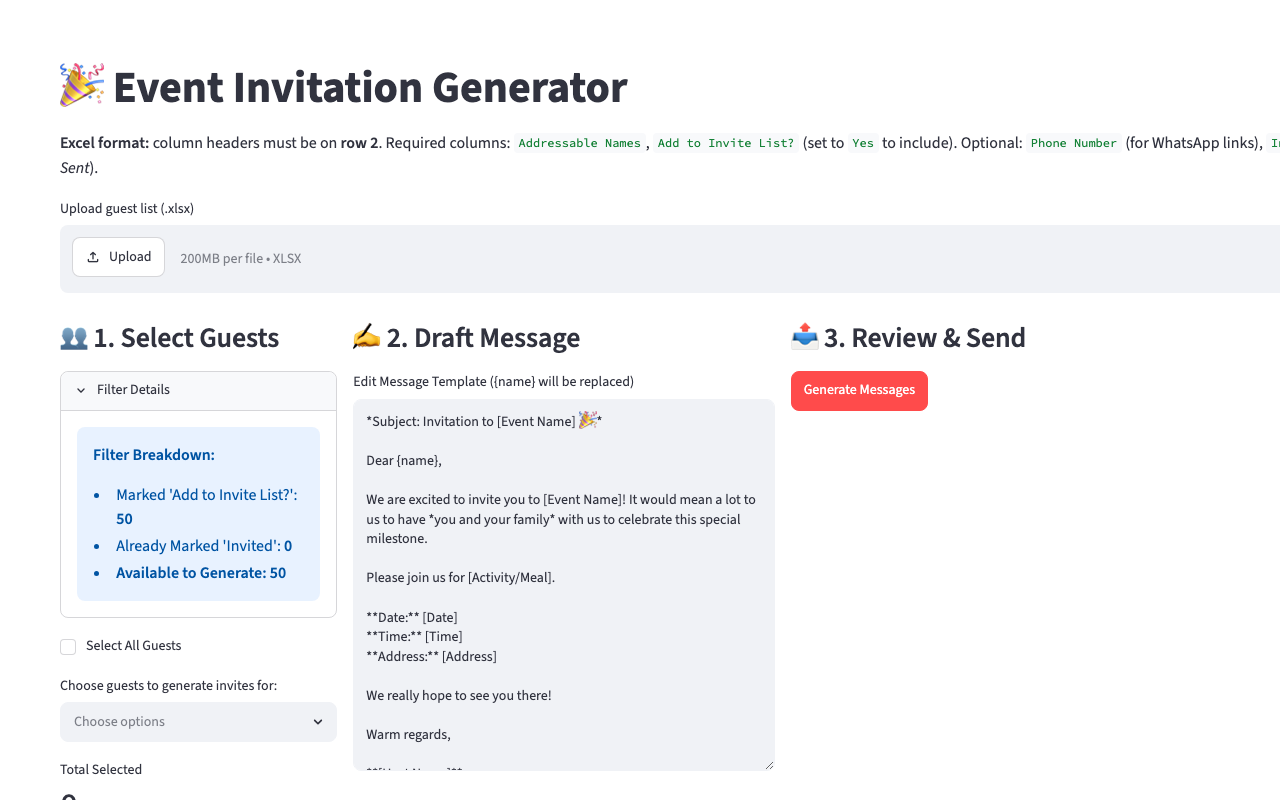 Screenshot of the Event Invitation Generator app